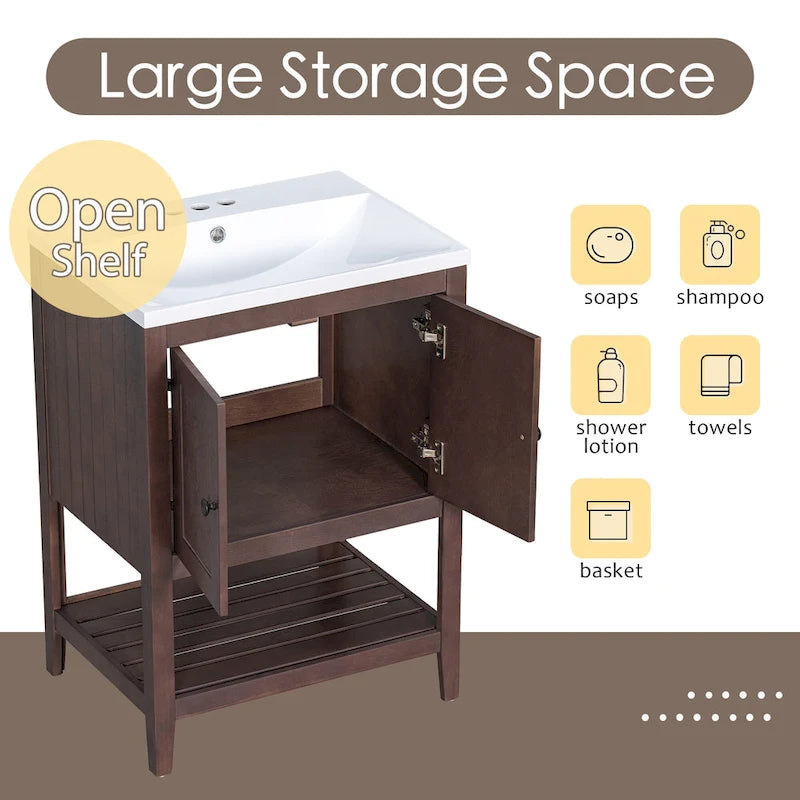 24 Meuble-lavabo moderne avec évier en céramique, cadre en bois et meuble de rangement à étagères ouvertes, adapté pour dressing, salle de bain