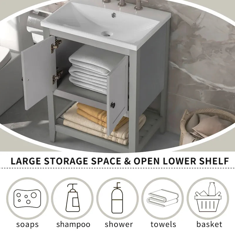 24 Meuble-lavabo moderne avec évier en céramique, cadre en bois et meuble de rangement à étagères ouvertes, adapté pour dressing, salle de bain
