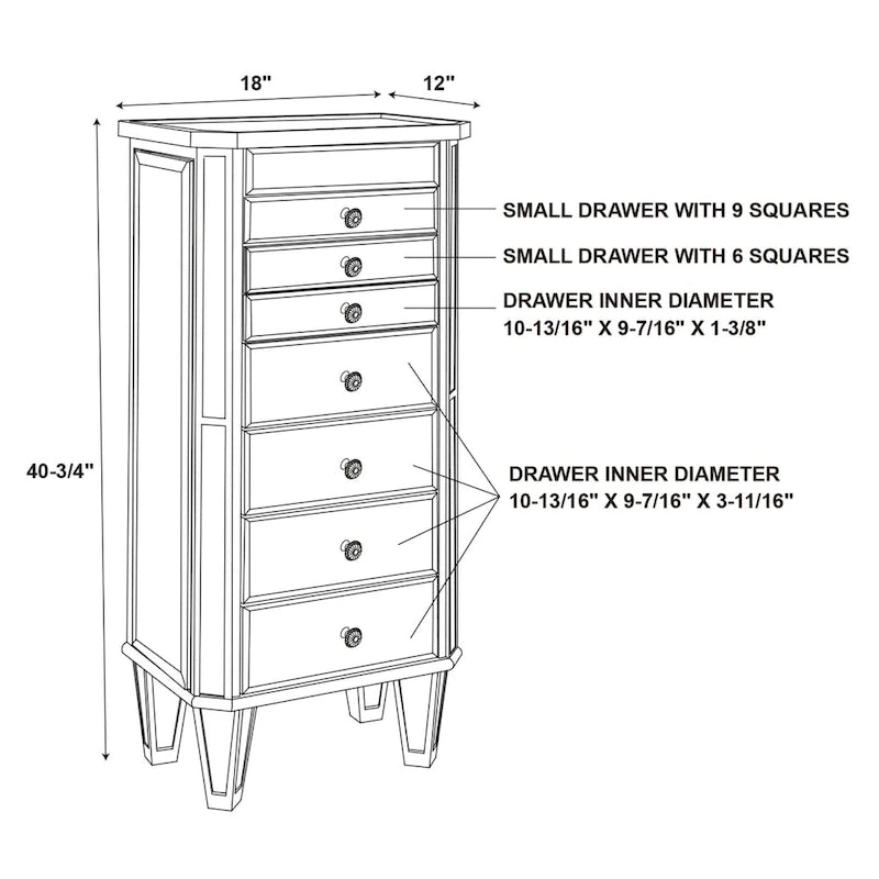Armoire à bijoux avec miroir et 7 tiroirs – 40.5 – Argent