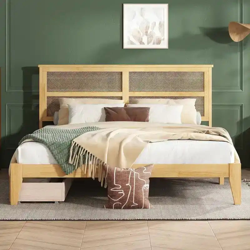Lit plateforme King Size avec tête de lit en rotin, deux tiroirs