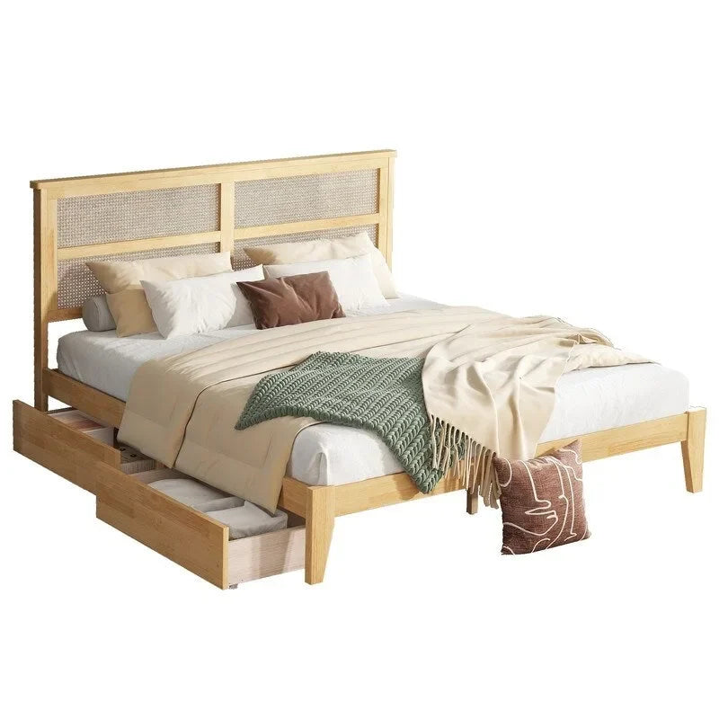 Lit plateforme King Size avec tête de lit en rotin, deux tiroirs