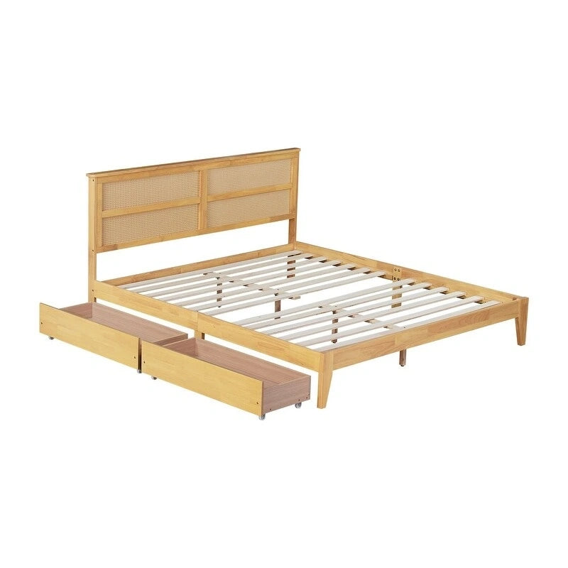 Lit plateforme King Size avec tête de lit en rotin, deux tiroirs