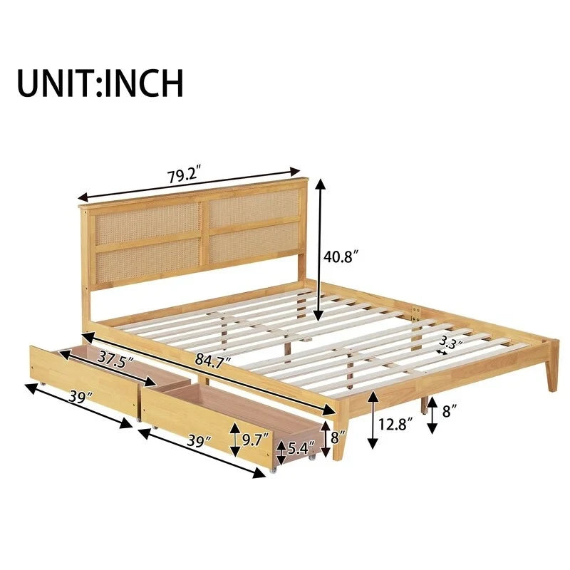 Lit plateforme King Size avec tête de lit en rotin, deux tiroirs