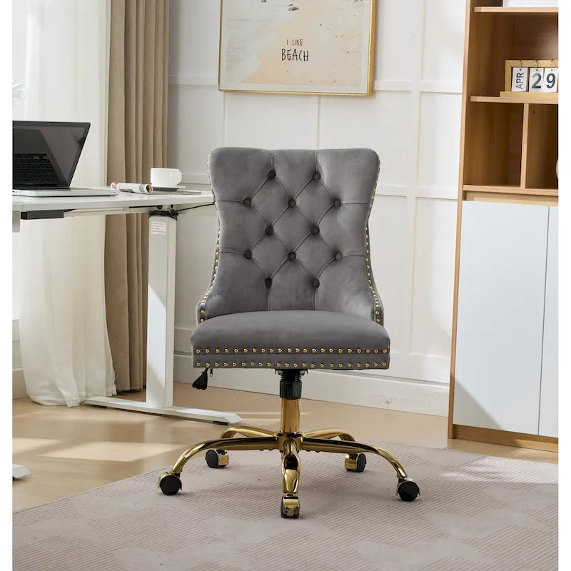 Fauteuil de bureau capitonné en velours gris avec base en métal doré - Chaise de bureau pivotante réglable