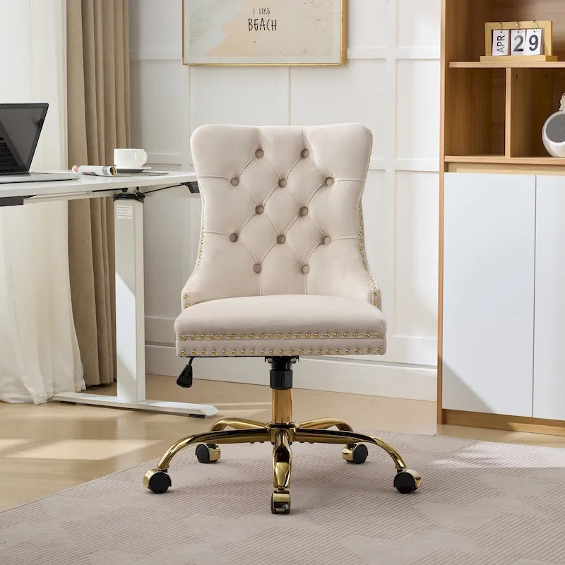 Fauteuil de bureau capitonné en velours gris avec base en métal doré - Chaise de bureau pivotante réglable