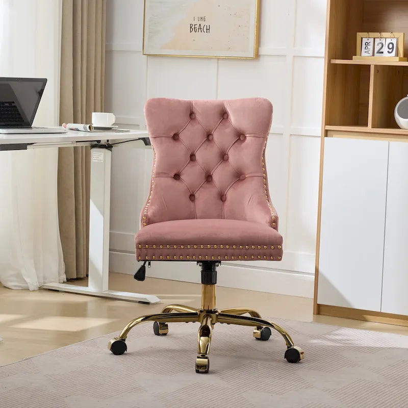 Fauteuil de bureau capitonné en velours gris avec base en métal doré - Chaise de bureau pivotante réglable