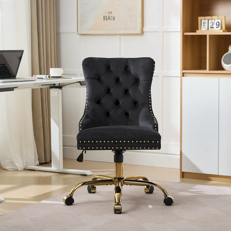Fauteuil de bureau capitonné en velours gris avec base en métal doré - Chaise de bureau pivotante réglable