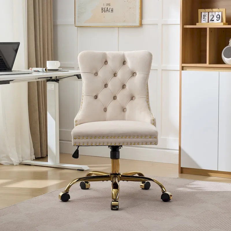 Fauteuil de bureau capitonné en velours gris avec base en métal doré - Chaise de bureau pivotante réglable