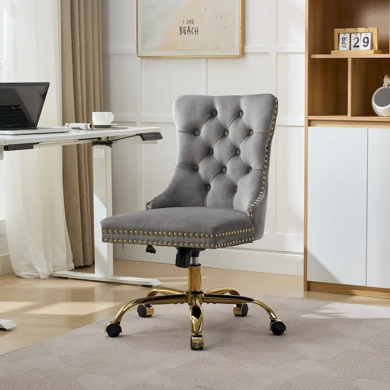 Fauteuil de bureau capitonné en velours gris avec base en métal doré - Chaise de bureau pivotante réglable