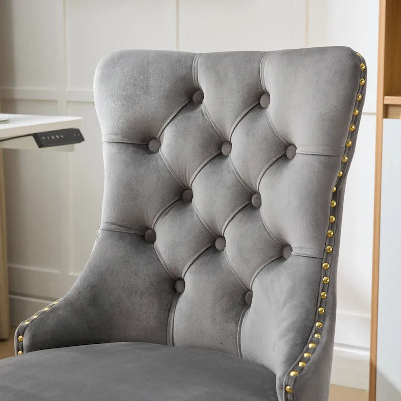 Fauteuil de bureau capitonné en velours gris avec base en métal doré - Chaise de bureau pivotante réglable