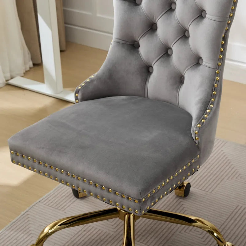 Fauteuil de bureau capitonné en velours gris avec base en métal doré - Chaise de bureau pivotante réglable