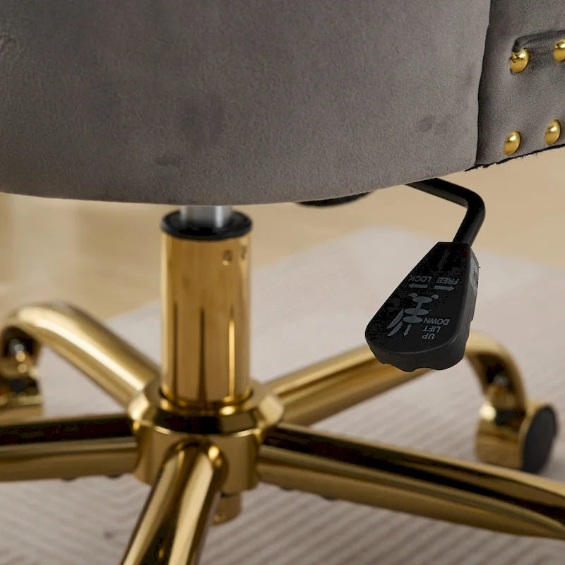 Fauteuil de bureau capitonné en velours gris avec base en métal doré - Chaise de bureau pivotante réglable