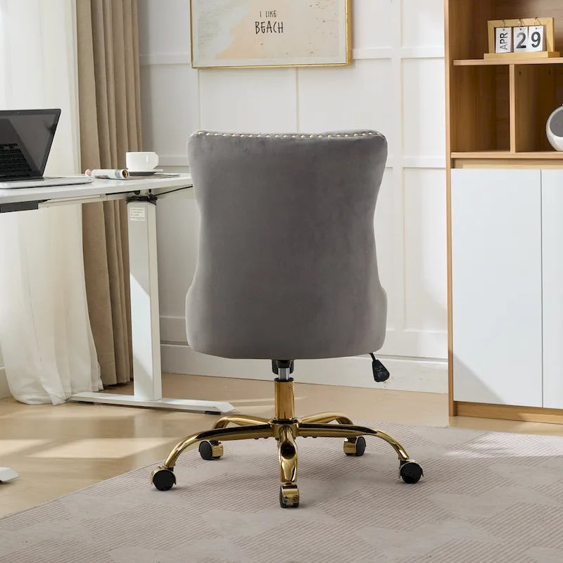 Fauteuil de bureau capitonné en velours gris avec base en métal doré - Chaise de bureau pivotante réglable