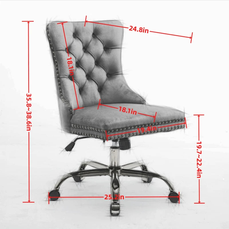 Fauteuil de bureau capitonné en velours gris avec base en métal doré - Chaise de bureau pivotante réglable