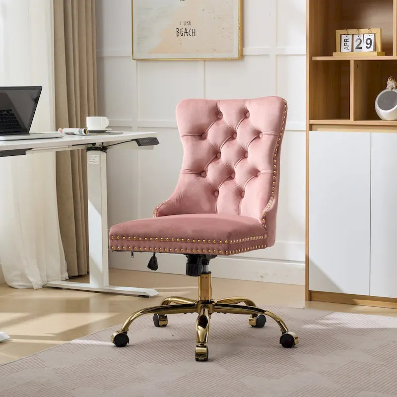 Fauteuil de bureau capitonné en velours gris avec base en métal doré - Chaise de bureau pivotante réglable