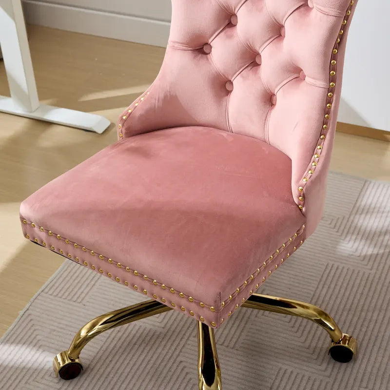 Fauteuil de bureau capitonné en velours gris avec base en métal doré - Chaise de bureau pivotante réglable