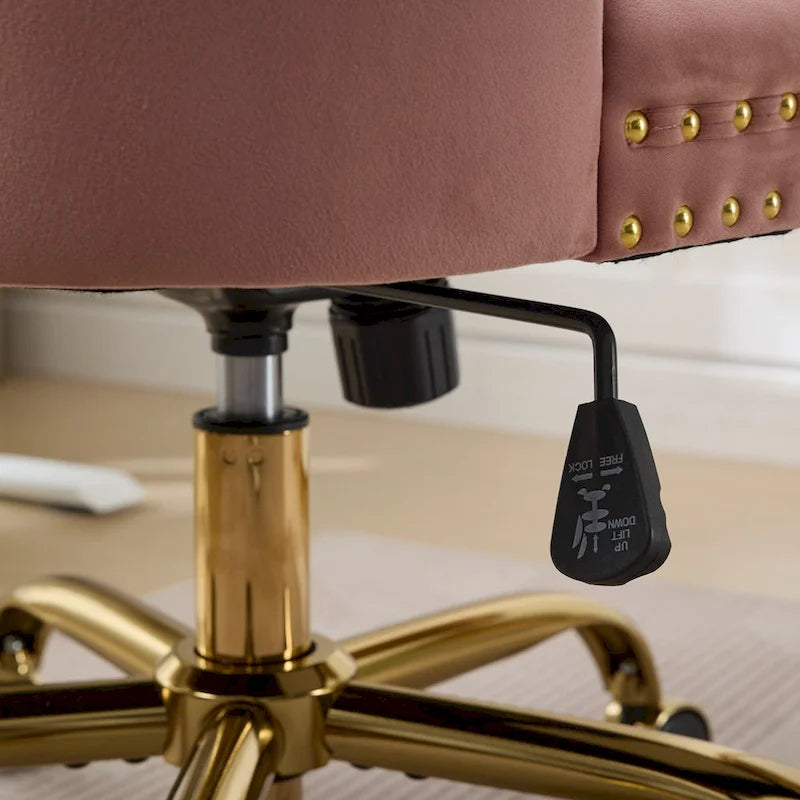 Fauteuil de bureau capitonné en velours gris avec base en métal doré - Chaise de bureau pivotante réglable