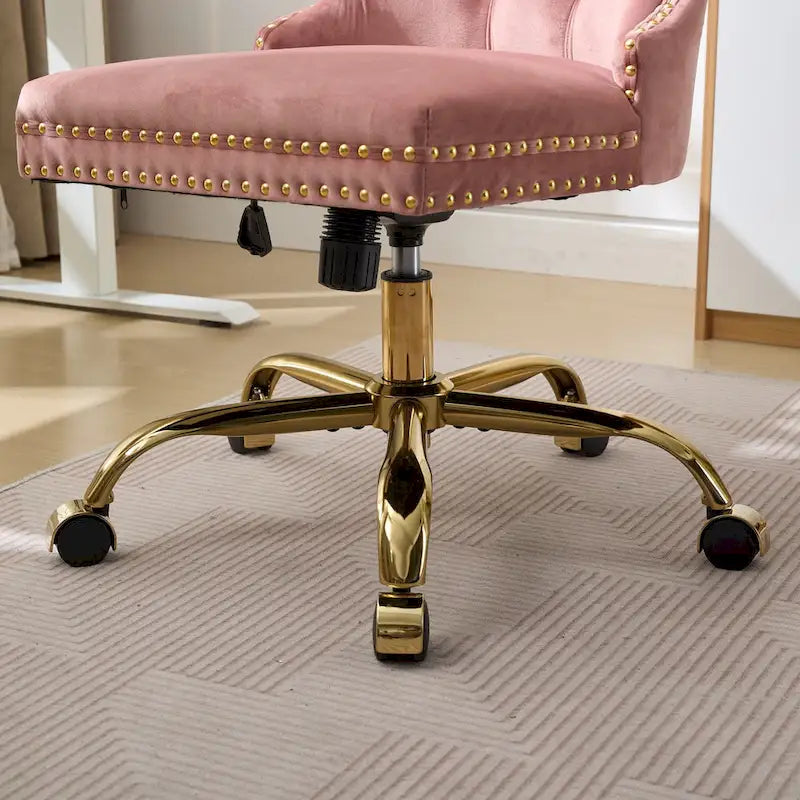 Fauteuil de bureau capitonné en velours gris avec base en métal doré - Chaise de bureau pivotante réglable