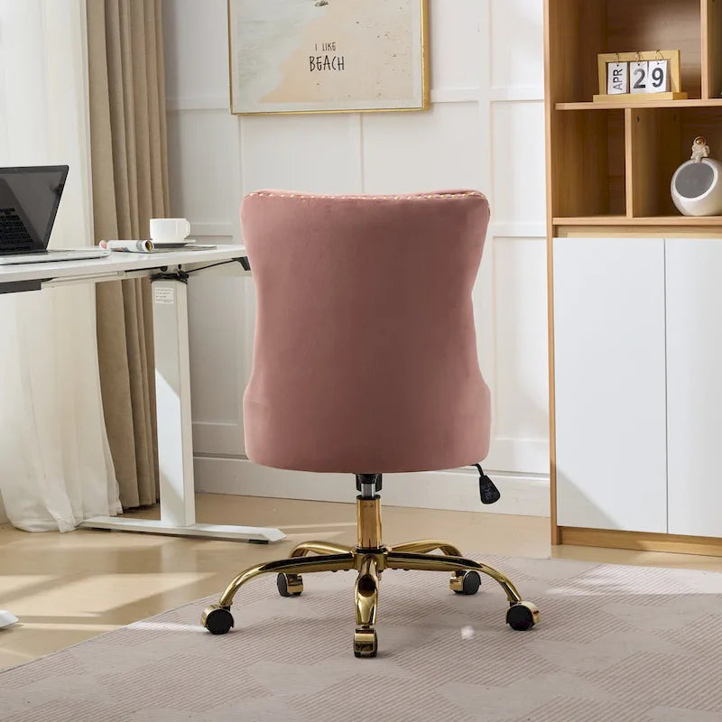Fauteuil de bureau capitonné en velours gris avec base en métal doré - Chaise de bureau pivotante réglable