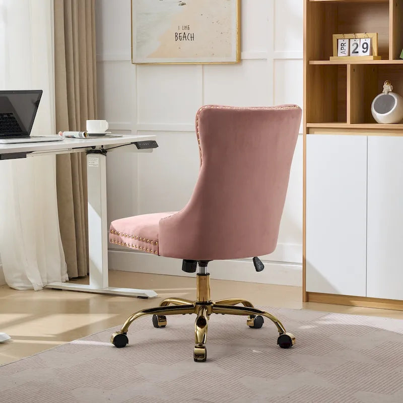 Fauteuil de bureau capitonné en velours gris avec base en métal doré - Chaise de bureau pivotante réglable
