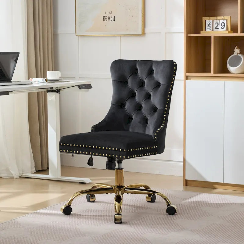 Fauteuil de bureau capitonné en velours gris avec base en métal doré - Chaise de bureau pivotante réglable