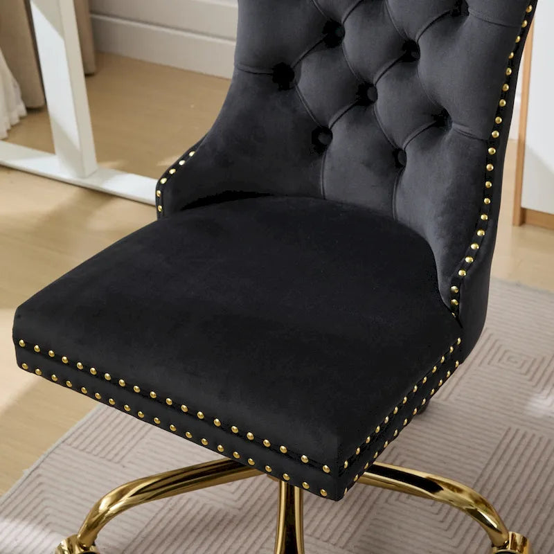 Fauteuil de bureau capitonné en velours gris avec base en métal doré - Chaise de bureau pivotante réglable
