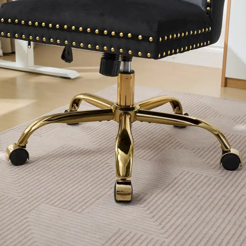 Fauteuil de bureau capitonné en velours gris avec base en métal doré - Chaise de bureau pivotante réglable