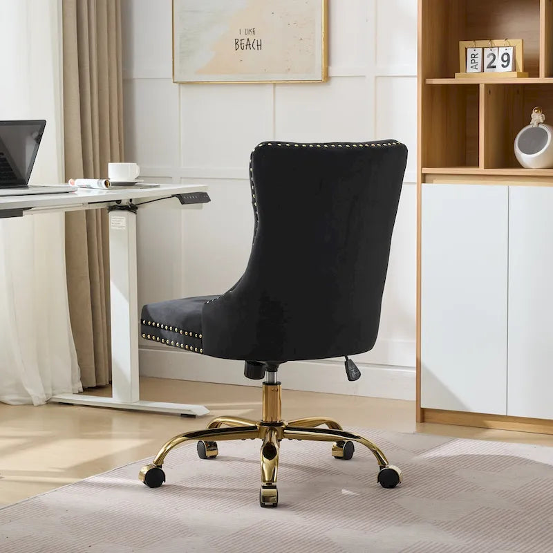 Fauteuil de bureau capitonné en velours gris avec base en métal doré - Chaise de bureau pivotante réglable