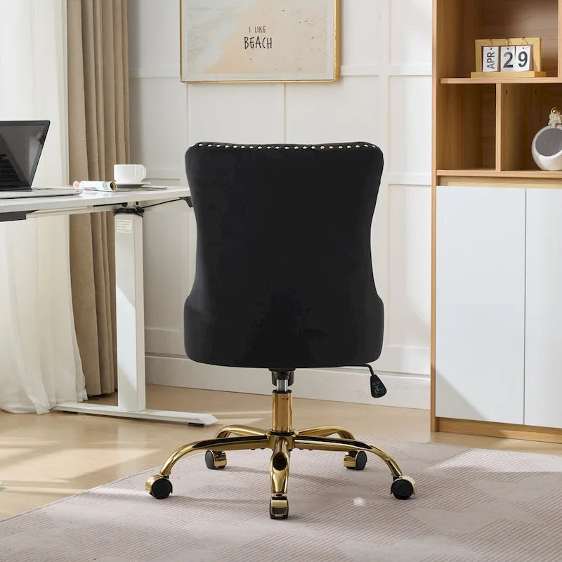Fauteuil de bureau capitonné en velours gris avec base en métal doré - Chaise de bureau pivotante réglable