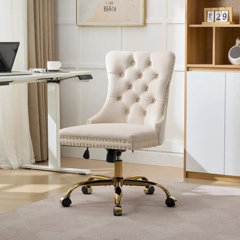 Fauteuil de bureau capitonné en velours gris avec base en métal doré - Chaise de bureau pivotante réglable
