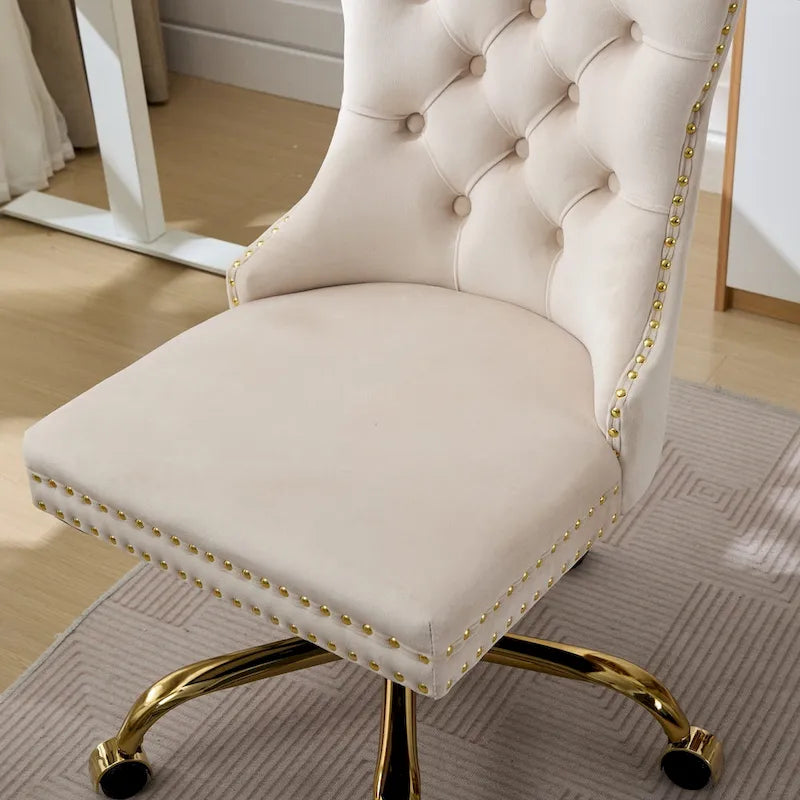 Fauteuil de bureau capitonné en velours gris avec base en métal doré - Chaise de bureau pivotante réglable