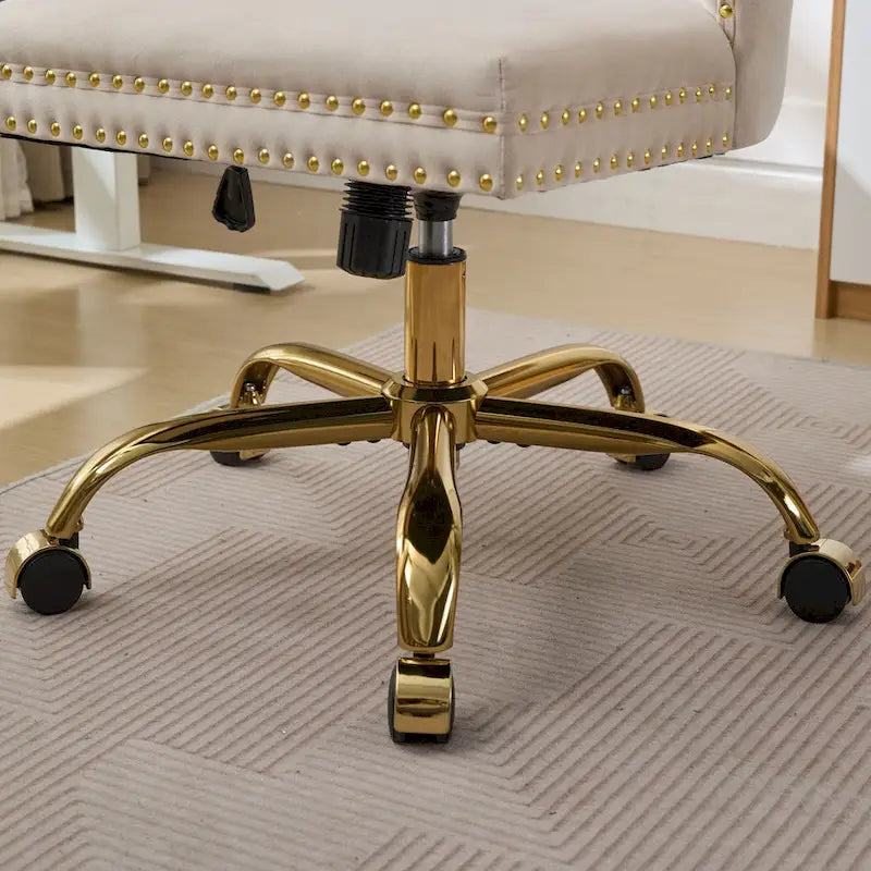 Fauteuil de bureau capitonné en velours gris avec base en métal doré - Chaise de bureau pivotante réglable