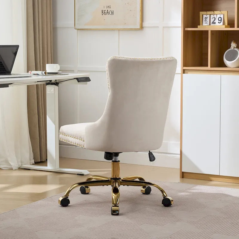 Fauteuil de bureau capitonné en velours gris avec base en métal doré - Chaise de bureau pivotante réglable