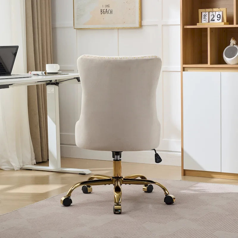 Fauteuil de bureau capitonné en velours gris avec base en métal doré - Chaise de bureau pivotante réglable