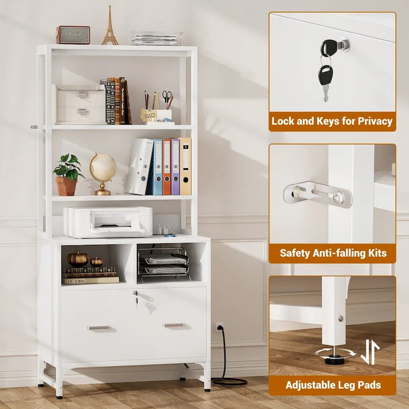 Meuble de classement avec station de recharge, classeur vertical avec serrure et grand tiroir