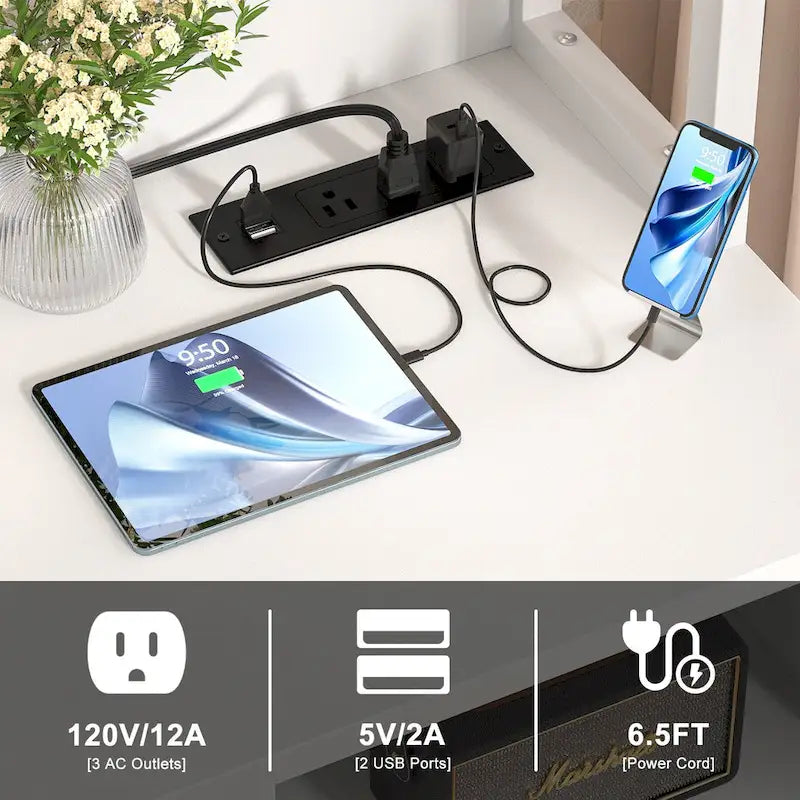 Meuble de classement avec station de recharge, classeur vertical avec serrure et grand tiroir