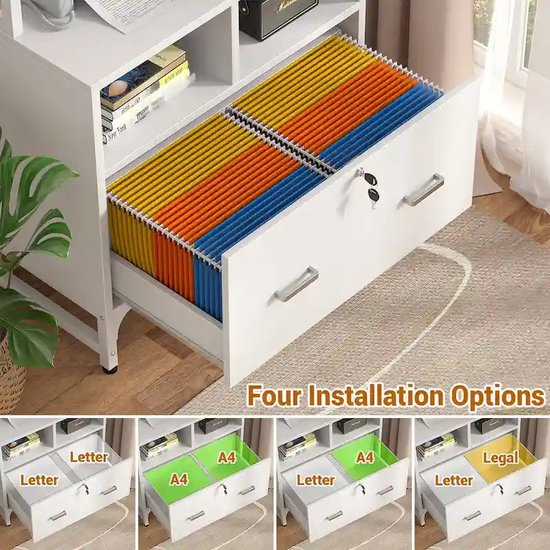 Meuble de classement avec station de recharge, classeur vertical avec serrure et grand tiroir