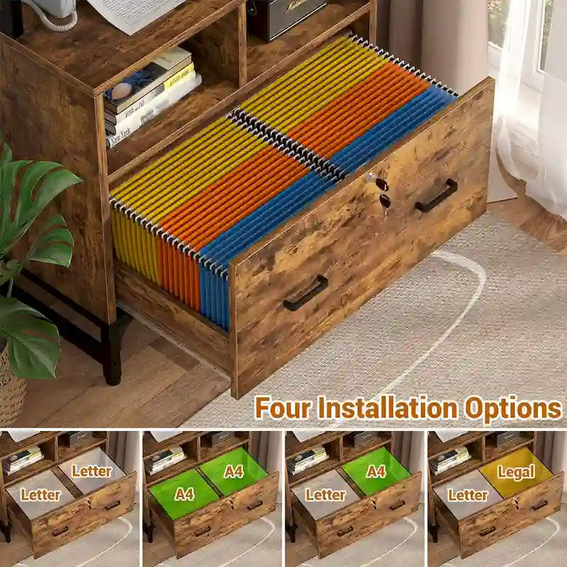 Meuble de classement avec station de recharge, classeur vertical avec serrure et grand tiroir