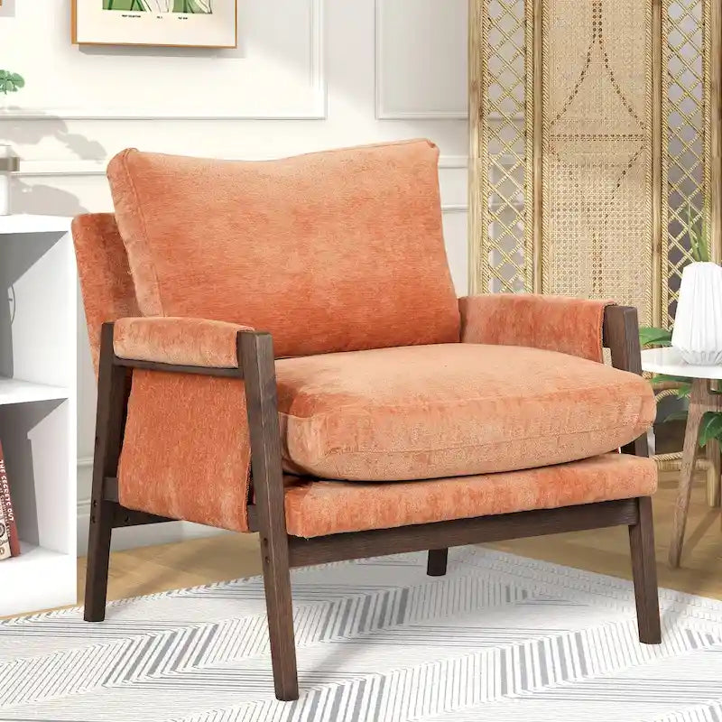 Fauteuil d'appoint en velours et bois massif de style Mid-Century avec coussin d'assise épais