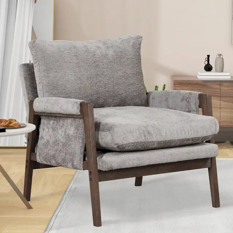 Fauteuil d'appoint en velours et bois massif de style Mid-Century avec coussin d'assise épais