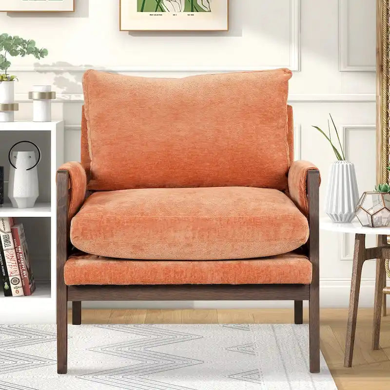 Fauteuil d'appoint en velours et bois massif de style Mid-Century avec coussin d'assise épais