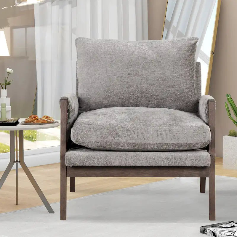 Fauteuil d'appoint en velours et bois massif de style Mid-Century avec coussin d'assise épais