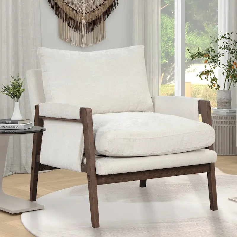 Fauteuil d'appoint en velours et bois massif de style Mid-Century avec coussin d'assise épais