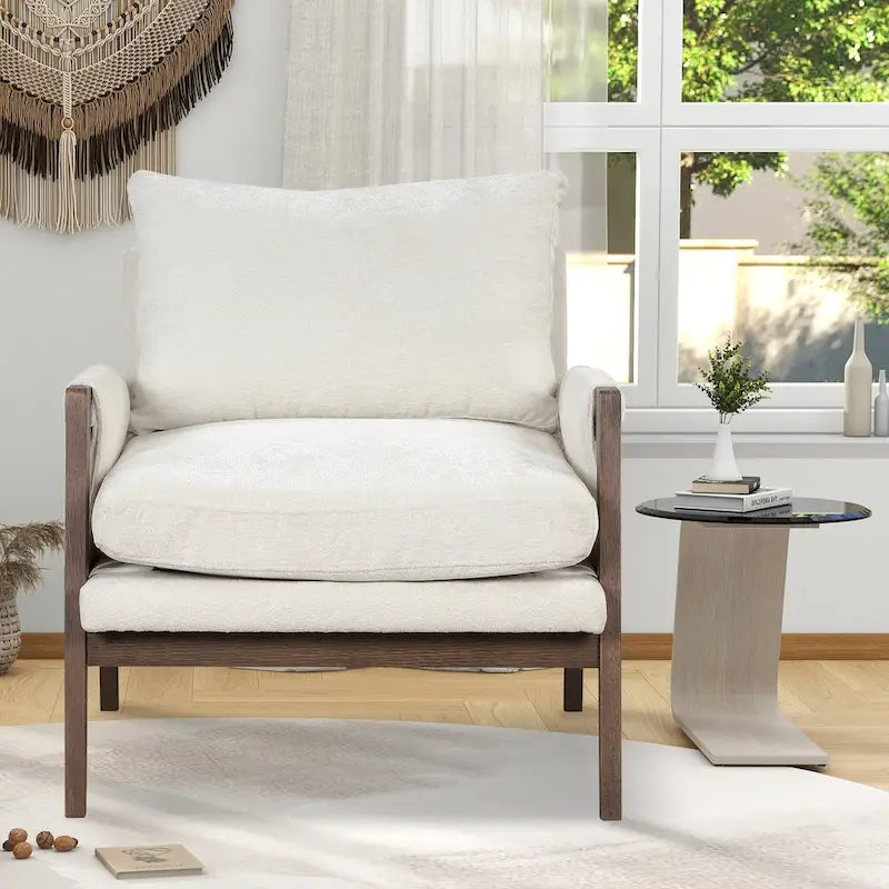 Fauteuil d'appoint en velours et bois massif de style Mid-Century avec coussin d'assise épais