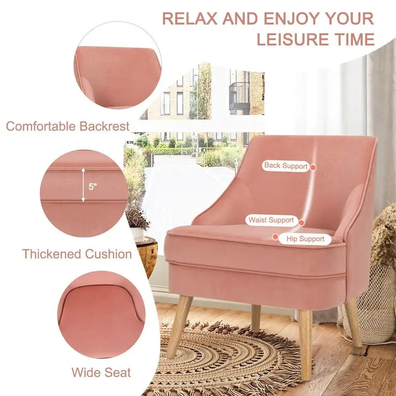 Fauteuil d'appoint en velours avec pieds en bois d'hévéa - 27 x 25 x 30 (L x l x H)