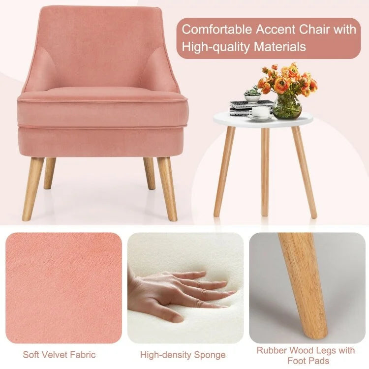 Fauteuil d'appoint en velours avec pieds en bois d'hévéa - 27 x 25 x 30 (L x l x H)