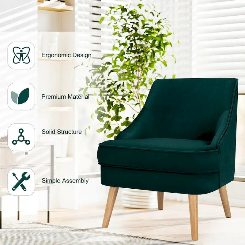 Fauteuil d'appoint en velours avec pieds en bois d'hévéa - 27 x 25 x 30 (L x l x H)