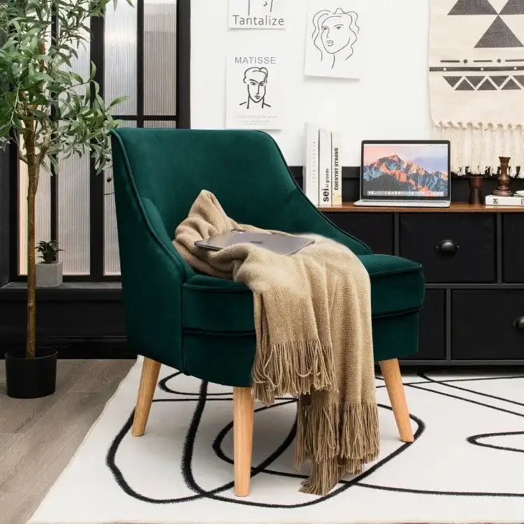 Fauteuil d'appoint en velours avec pieds en bois d'hévéa - 27 x 25 x 30 (L x l x H)