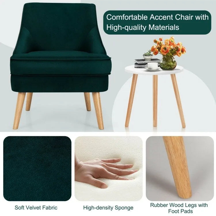 Fauteuil d'appoint en velours avec pieds en bois d'hévéa - 27 x 25 x 30 (L x l x H)