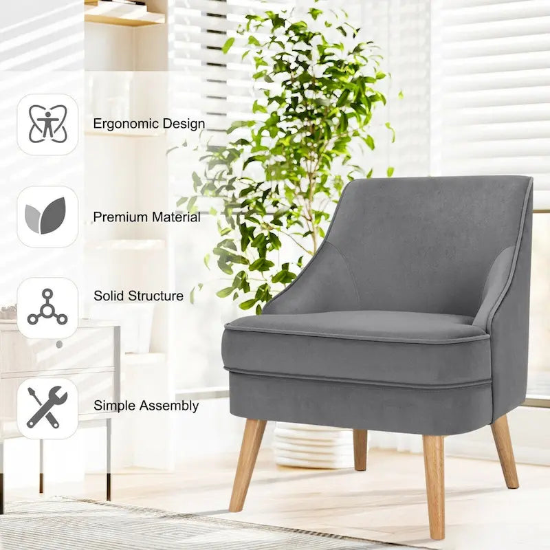 Fauteuil d'appoint en velours avec pieds en bois d'hévéa - 27 x 25 x 30 (L x l x H)